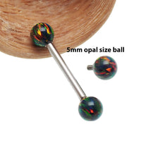 Black fall fire opal titanium barbell with 14g gauge and 8mm length, featuring a sleek design and secure ball ends.