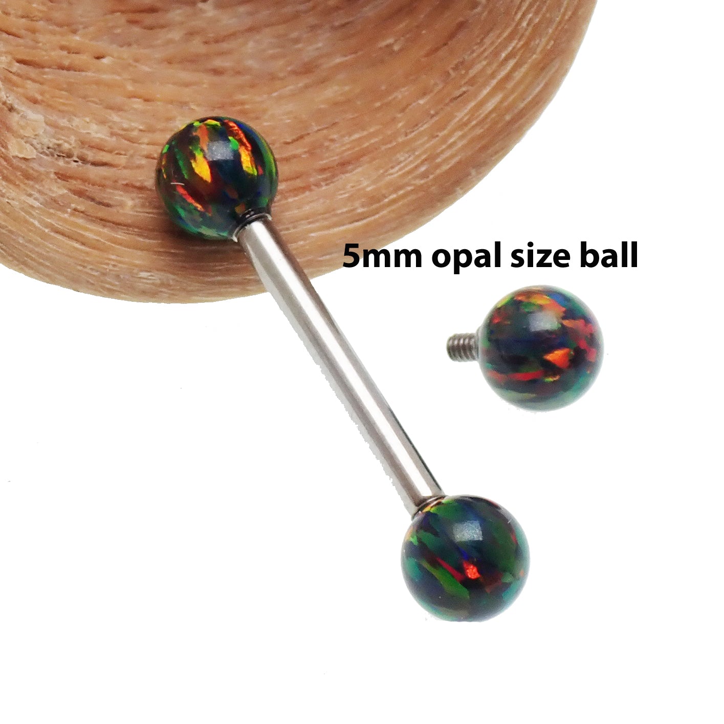 Black fall fire opal titanium barbell with 14g gauge and 8mm length, featuring a sleek design and secure ball ends.