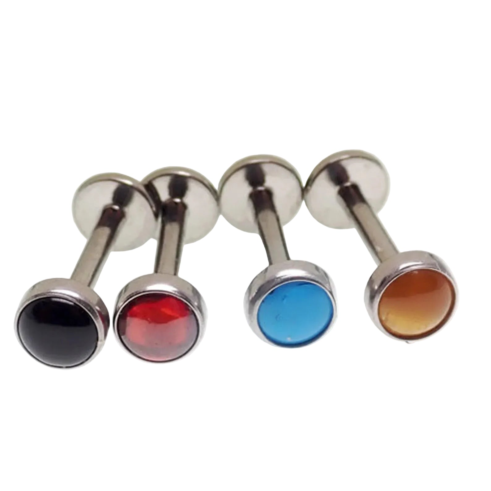 Titanium natural stone flatback internally threaded body jewelry with 0.9mm thread, featuring tiger's eye and 1-4-6mm stones by Body Clickers.