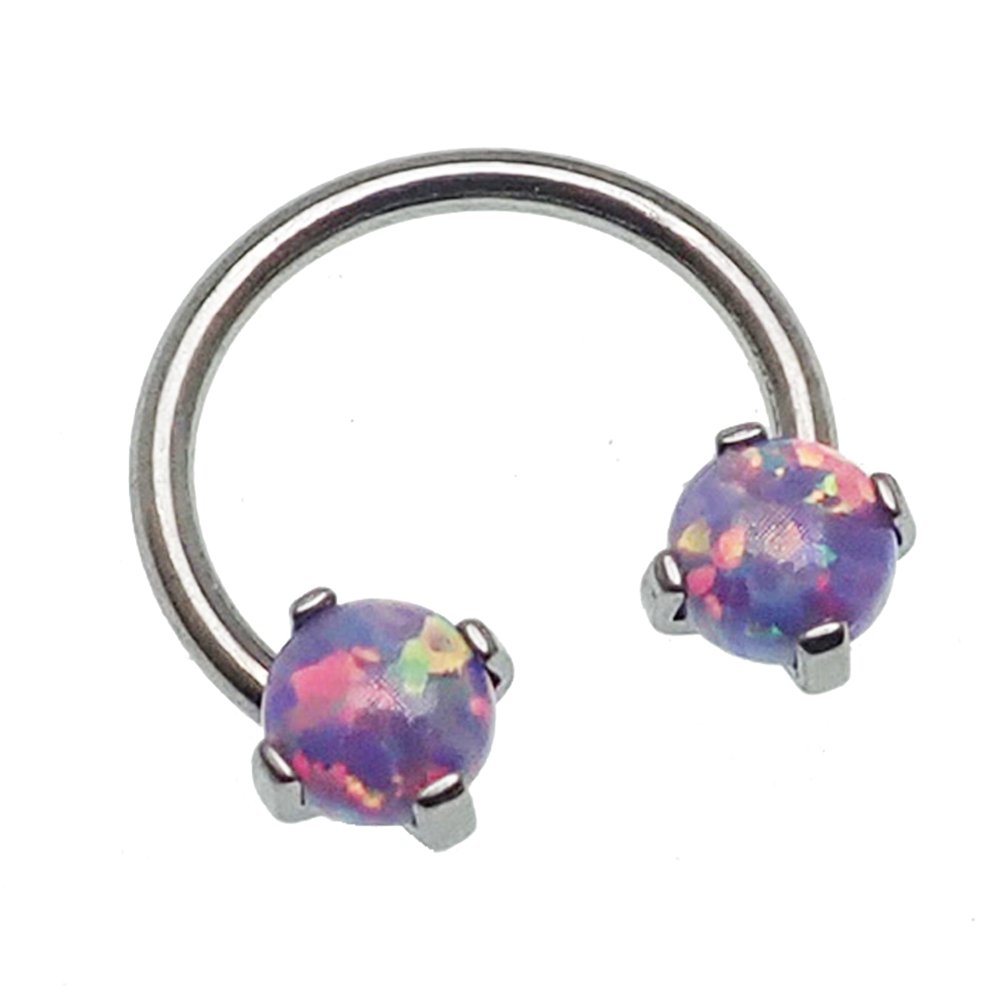 Lavender opal titanium horseshoe piercing in 16g and 14g with black accents, designed for body piercings by Body Clickers.