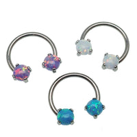 Opal titanium horseshoe piercing in lavender with 16g and 14g sizes, featuring a sleek curved design and shiny finish.