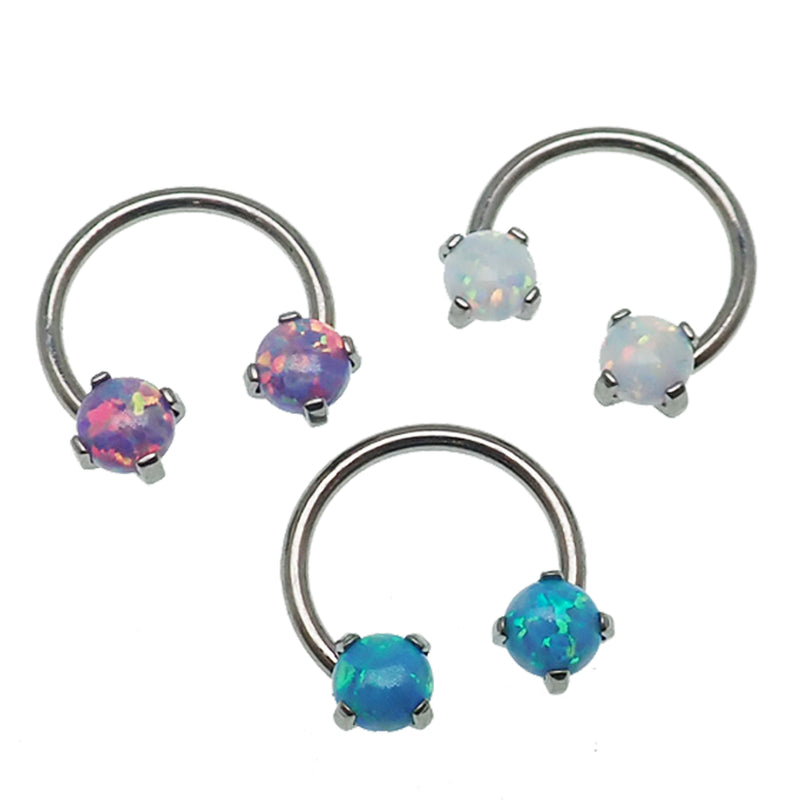 Opal titanium horseshoe piercing in lavender with 16g and 14g sizes, featuring a sleek curved design and shiny finish.