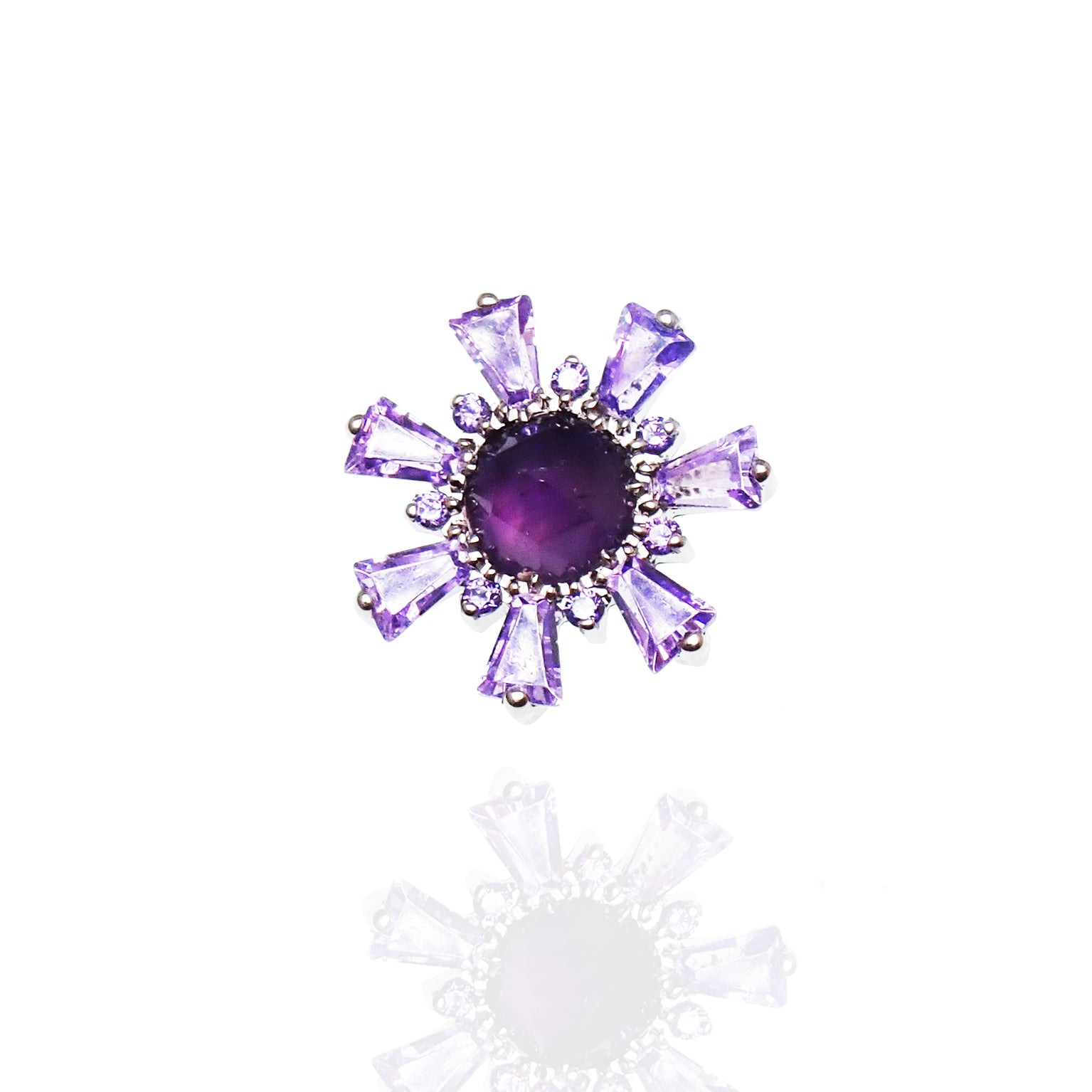 Amethyst and cubic zirconia cluster titanium flatback body piercing with vibrant purple stones and sparkling accents.