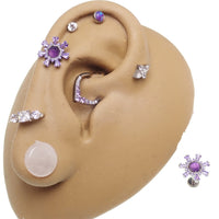 Amethyst and cubic zirconia cluster titanium flatback ear piercing by Body Clickers, featuring sparkling purple stones in a stylish design.