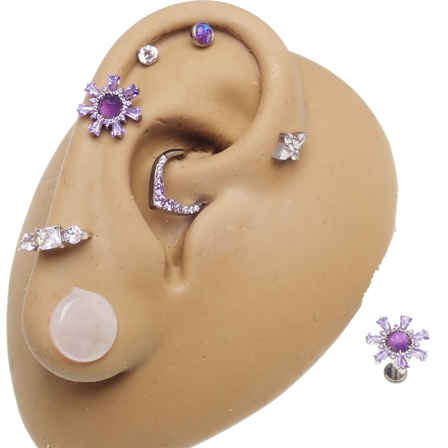 Amethyst and cubic zirconia cluster titanium flatback ear piercing by Body Clickers, featuring sparkling purple stones in a stylish design.