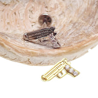 Internally threaded 18g titanium flatback gun piercing by Body Clickers, showcasing smooth finish and secure threaded design.