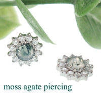 18g Moss Agate natural stone and CZ flatback body clickers earring with silver-tone setting, featuring green and brown hues.