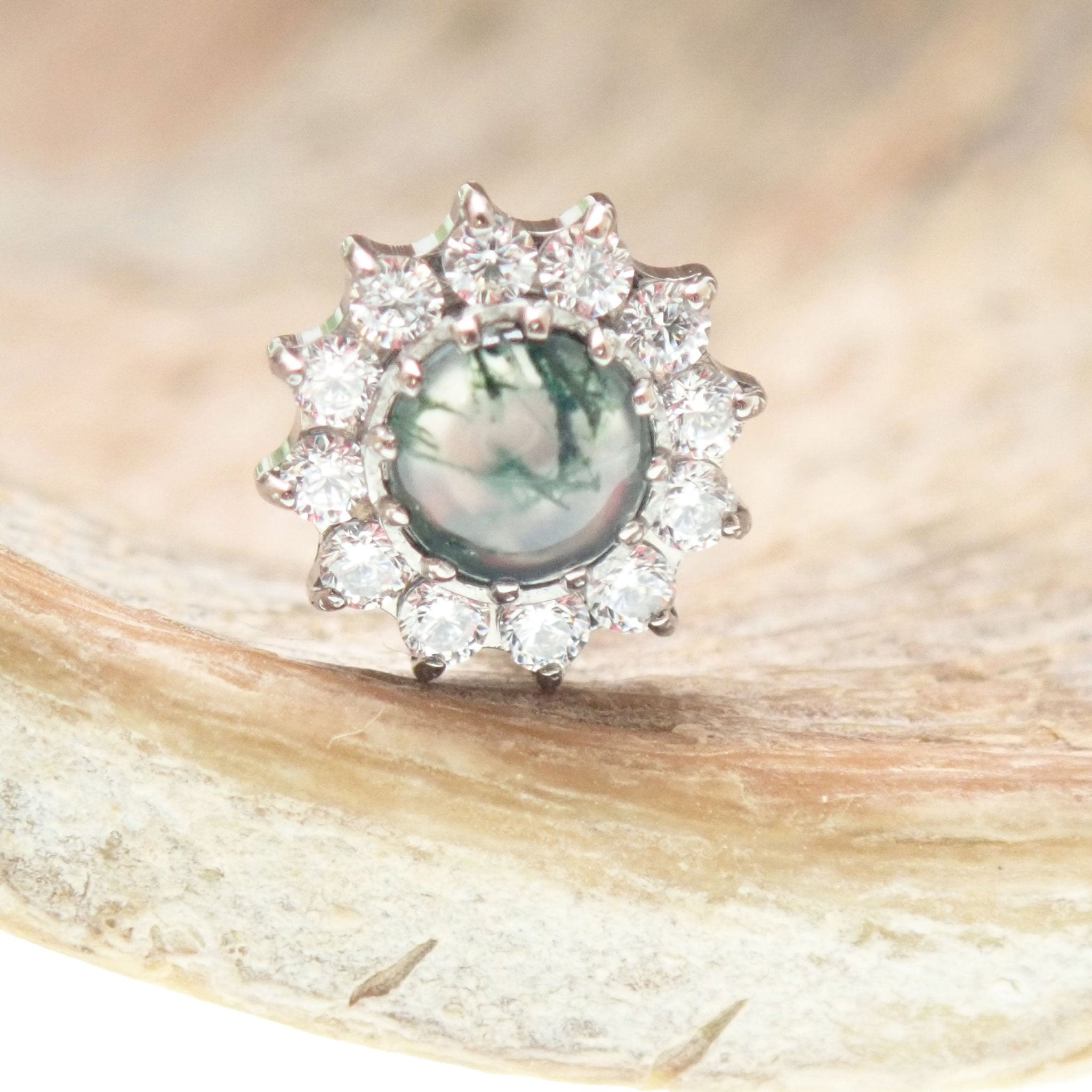 18g Moss Agate natural stone and CZ flatback body clicker jewelry with silver-tone finish and smooth, polished surface.