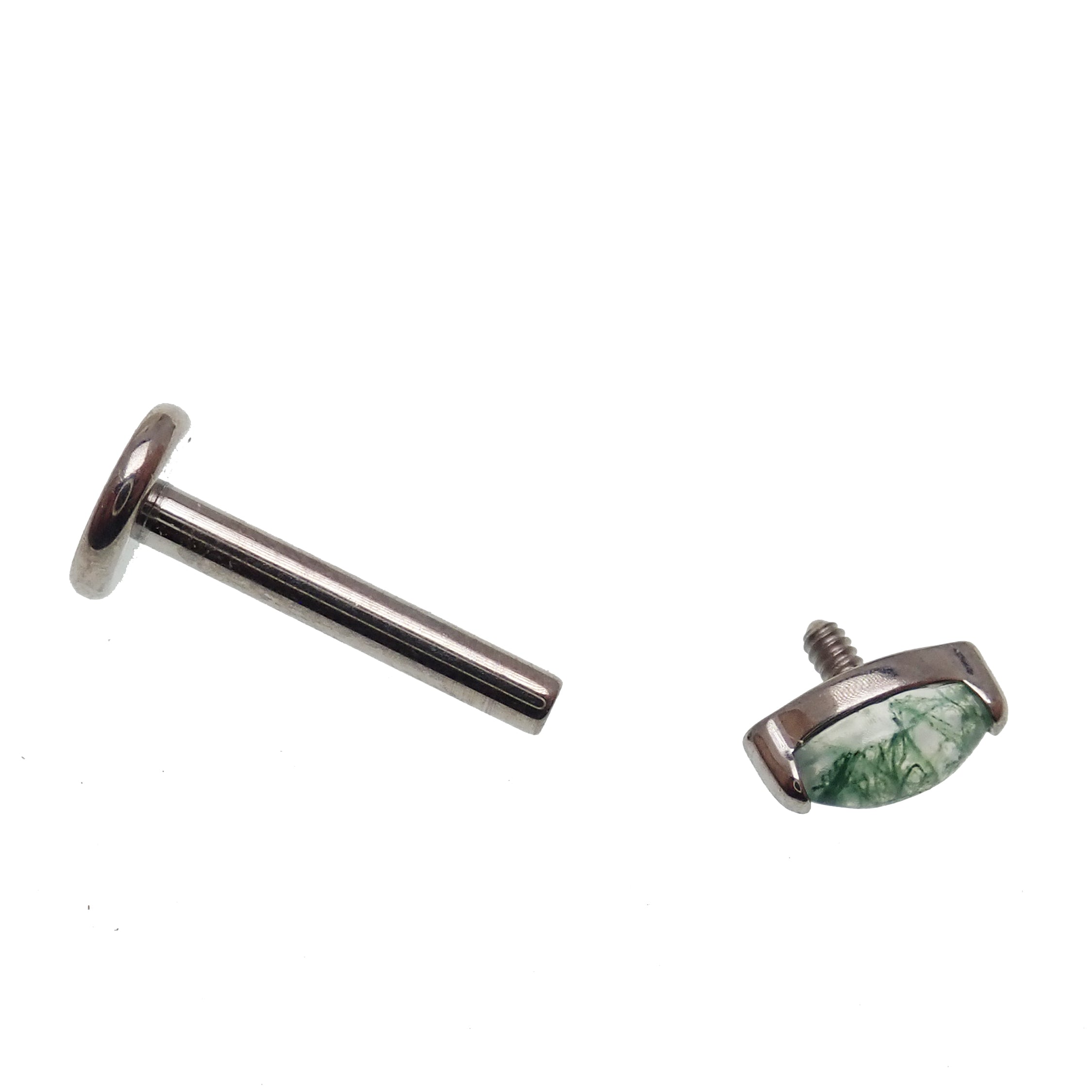 Small natural moss agate stone with flatback, 18g Body Clickers body jewelry featuring a vine design and 6mm size.