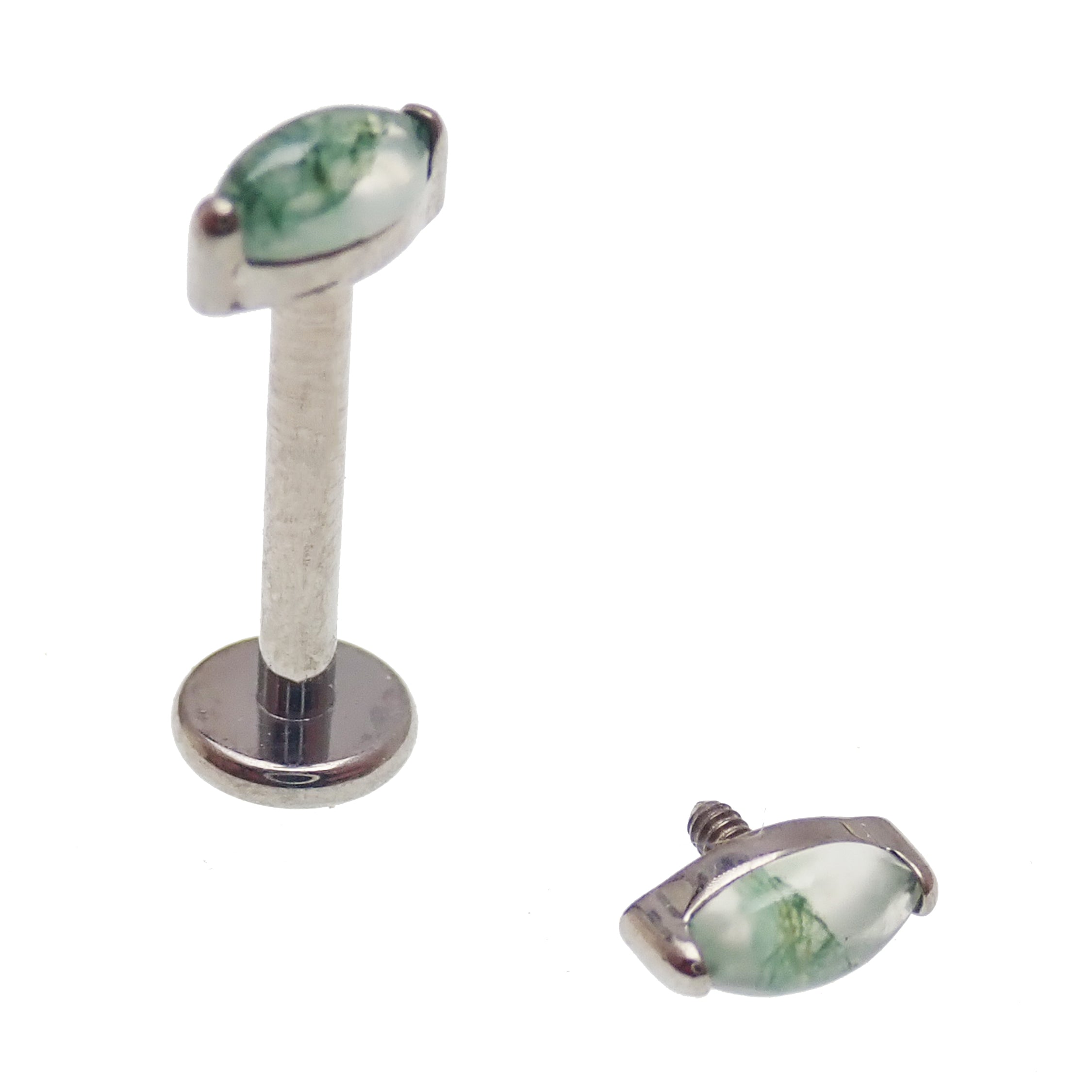 Small moss agate natural stone with flatback, 6mm body jewelry by Body Clickers, showcasing a vibrant vine pattern.