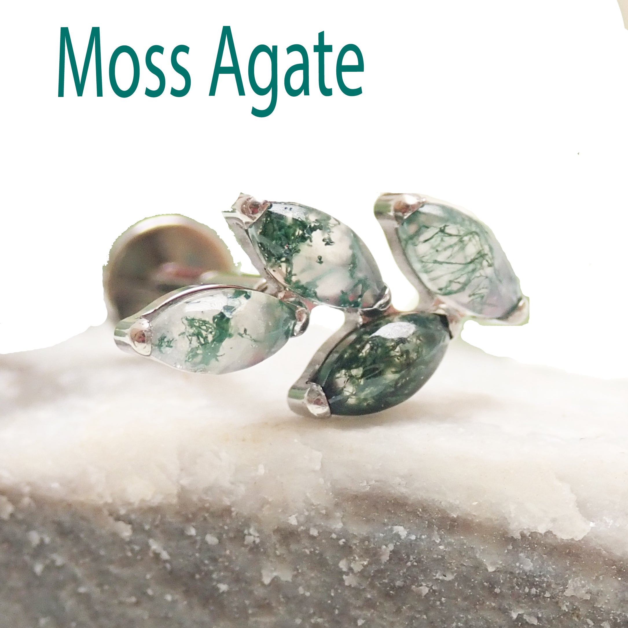 18g Moss Agate Vine body jewelry with natural stone and flatback, featuring a detailed vine design by Body Clickers.