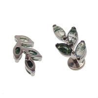 18g Moss Agate Vine natural stone body piercing with flatback, featuring green moss-like patterns in a sleek design.