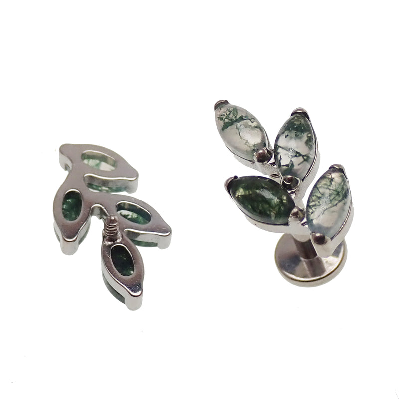 18g Moss Agate Vine natural stone body piercing with flatback, featuring green moss-like patterns in a sleek design.