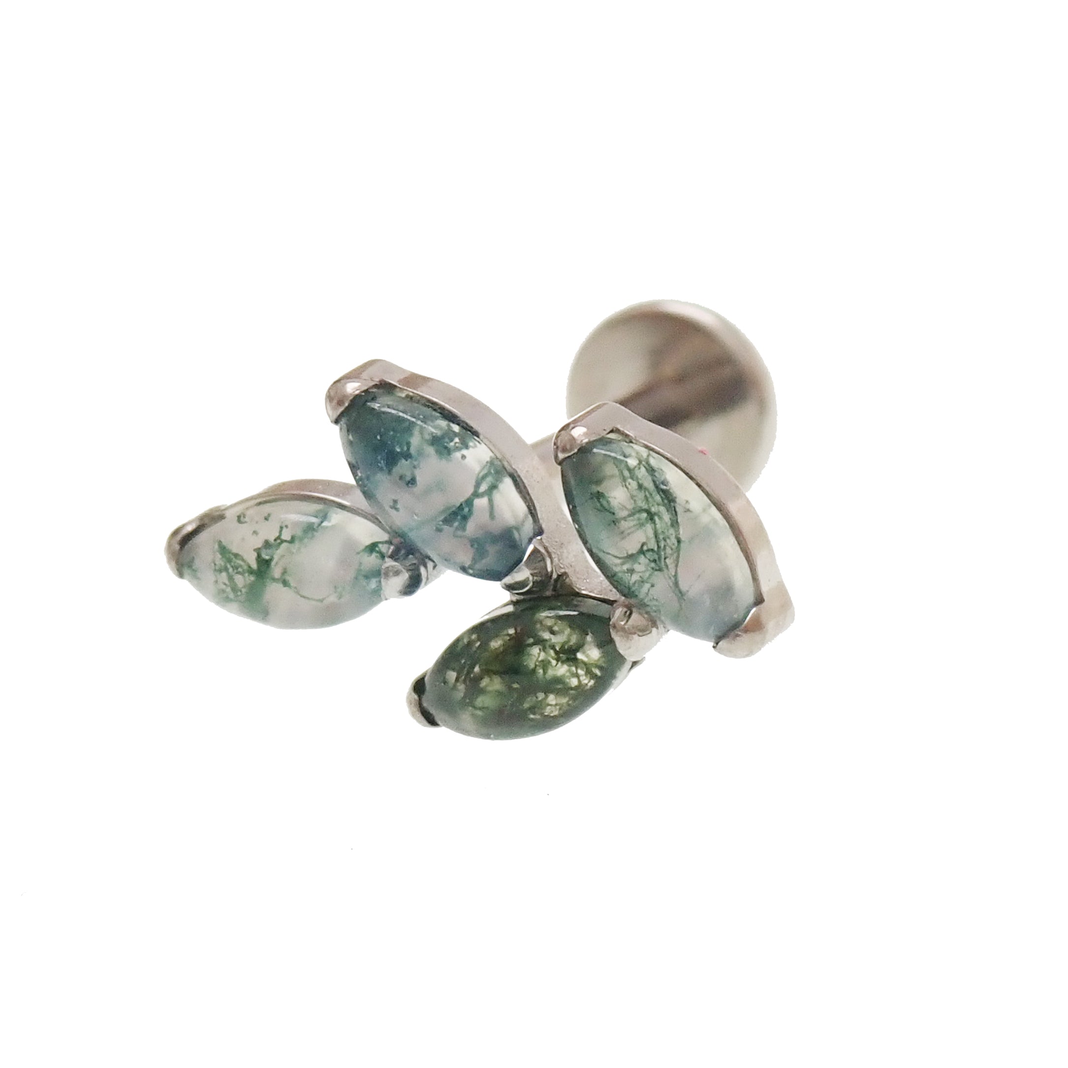 18G Moss Agate Vine natural stone flatback body jewelry by Body Clickers, featuring a unique vine design and smooth stone surface.