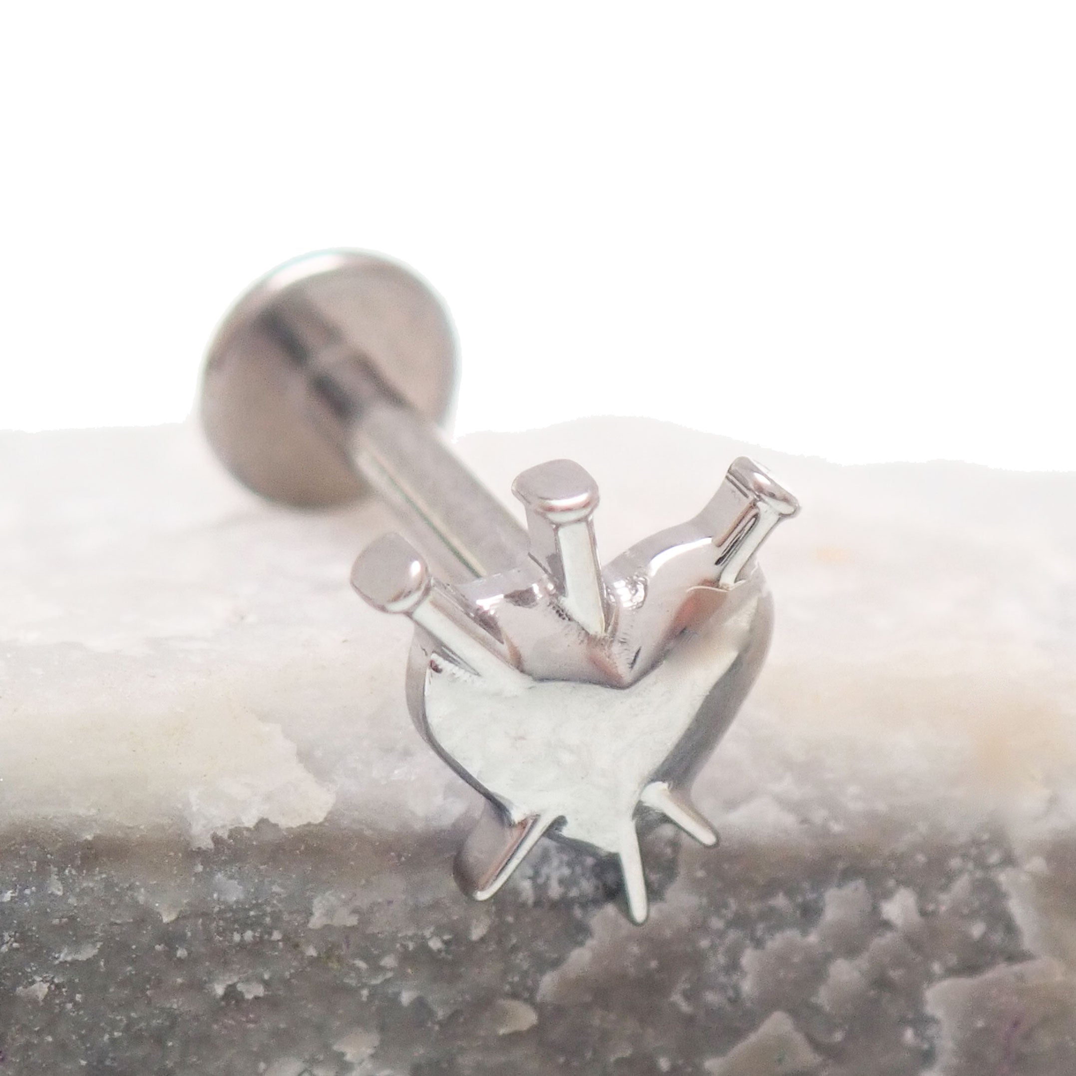 Titanium flatback nailed heart implant piercing by Body Clickers, 18 gauge, 6mm length, internally threaded, 0.9mm thickness.