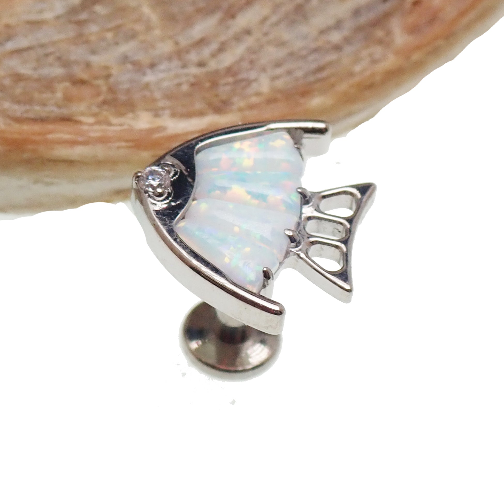 18g titanium flatback piercing with opal fish cluster design by Body Clickers, internally threaded for secure wear.