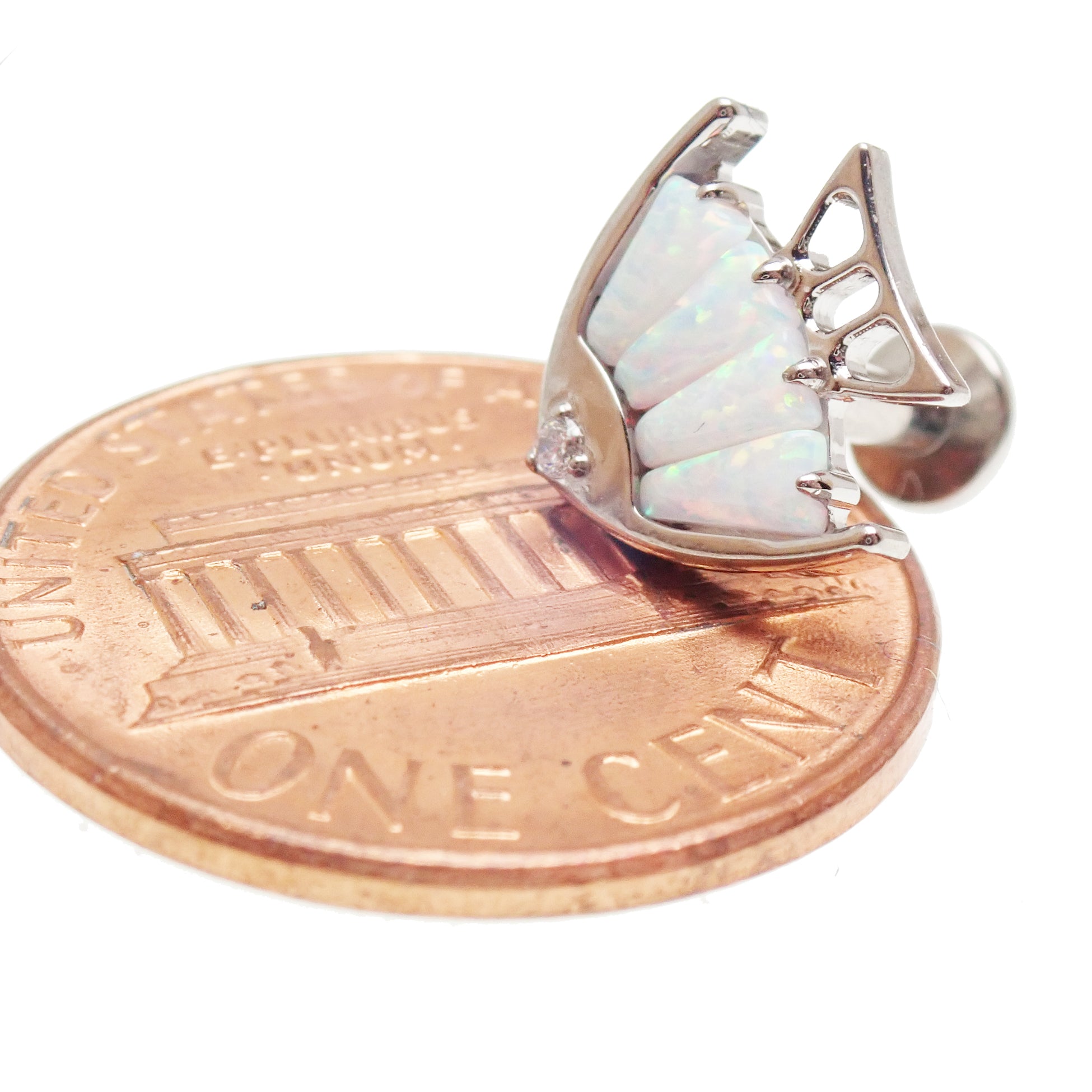 Opal fish cluster titanium flatback piercing by Body Clickers, 18g internally threaded body jewelry with colorful opal fish design.