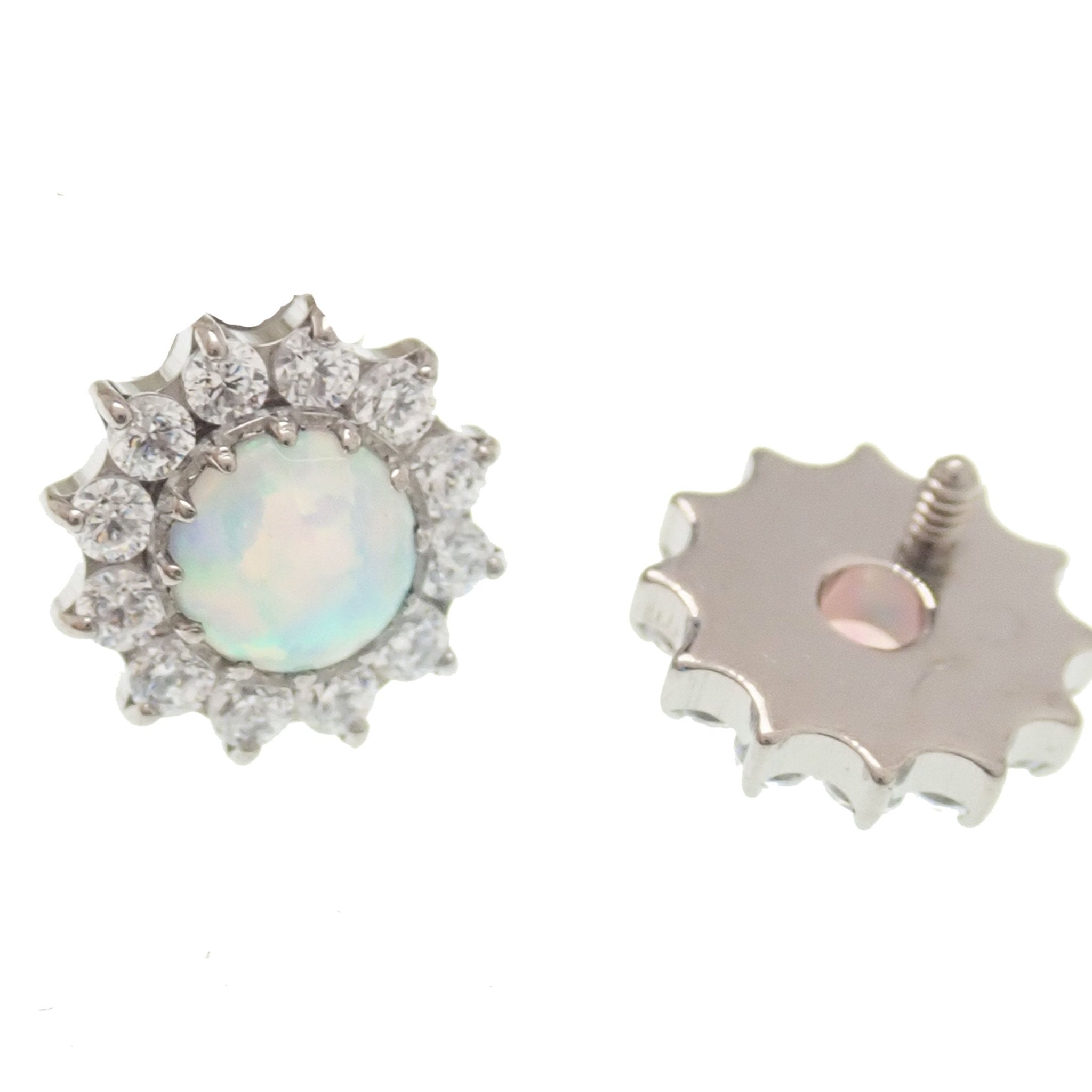 White Fire Opal and CZ flatback body jewelry by Body Clickers, 18g, 6mm size, featuring sparkling stones designed for body piercing.