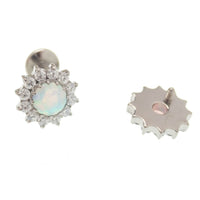 White fire opal and cubic zirconia flatback body jewelry by Body Clickers, 18g, 6mm size, featuring sparkling gemstones.