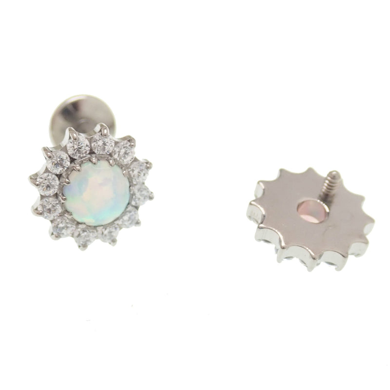 White fire opal and cubic zirconia flatback body jewelry by Body Clickers, 18g, 6mm size, featuring sparkling gemstones.