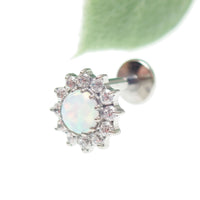 White fire opal and cubic zirconia flatback body jewelry by Body Clickers, 6mm size, 18g gauge.