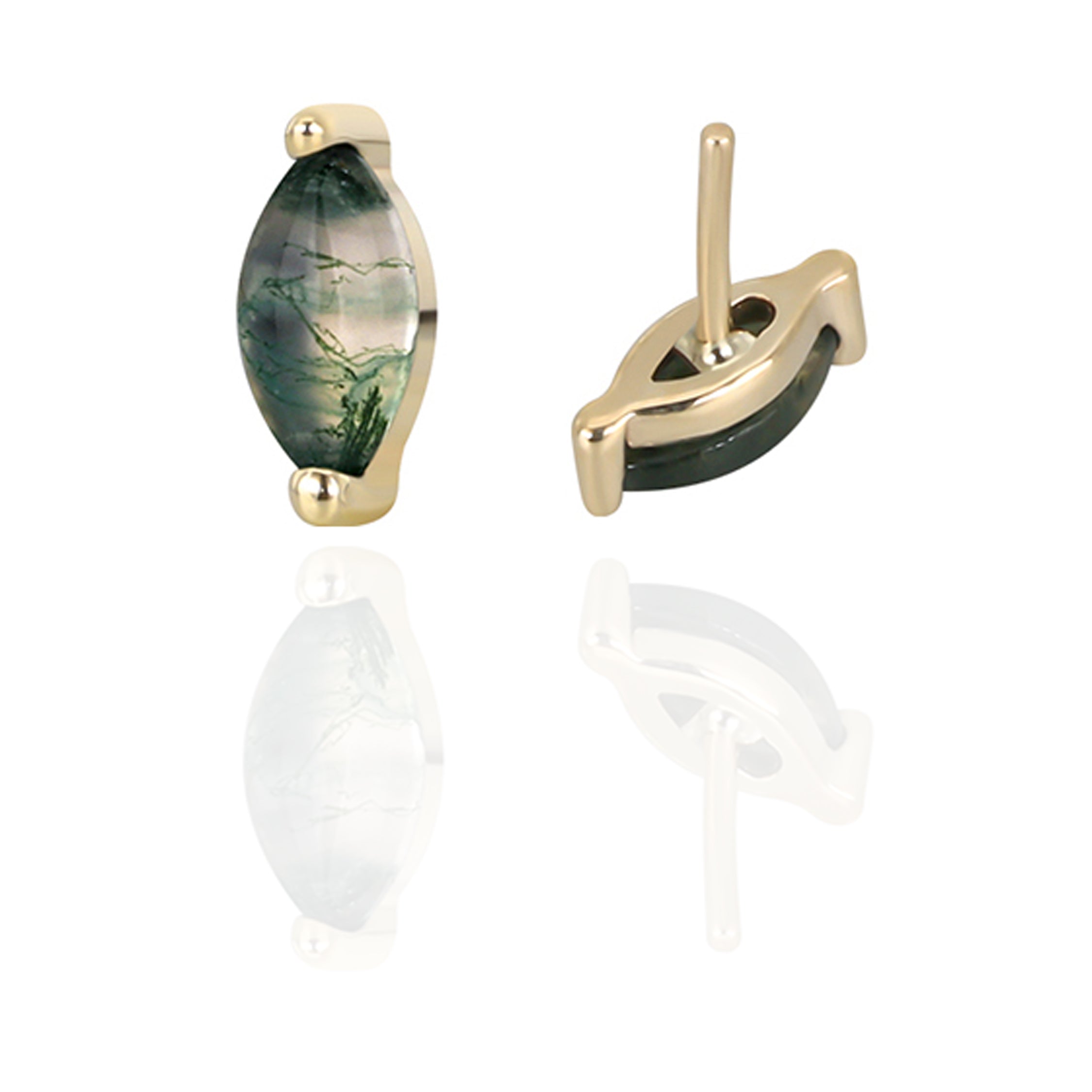 14k gold moss agate and titanium flatback push fit piercing by Body Clickers, featuring a polished gemstone and sleek metal design.