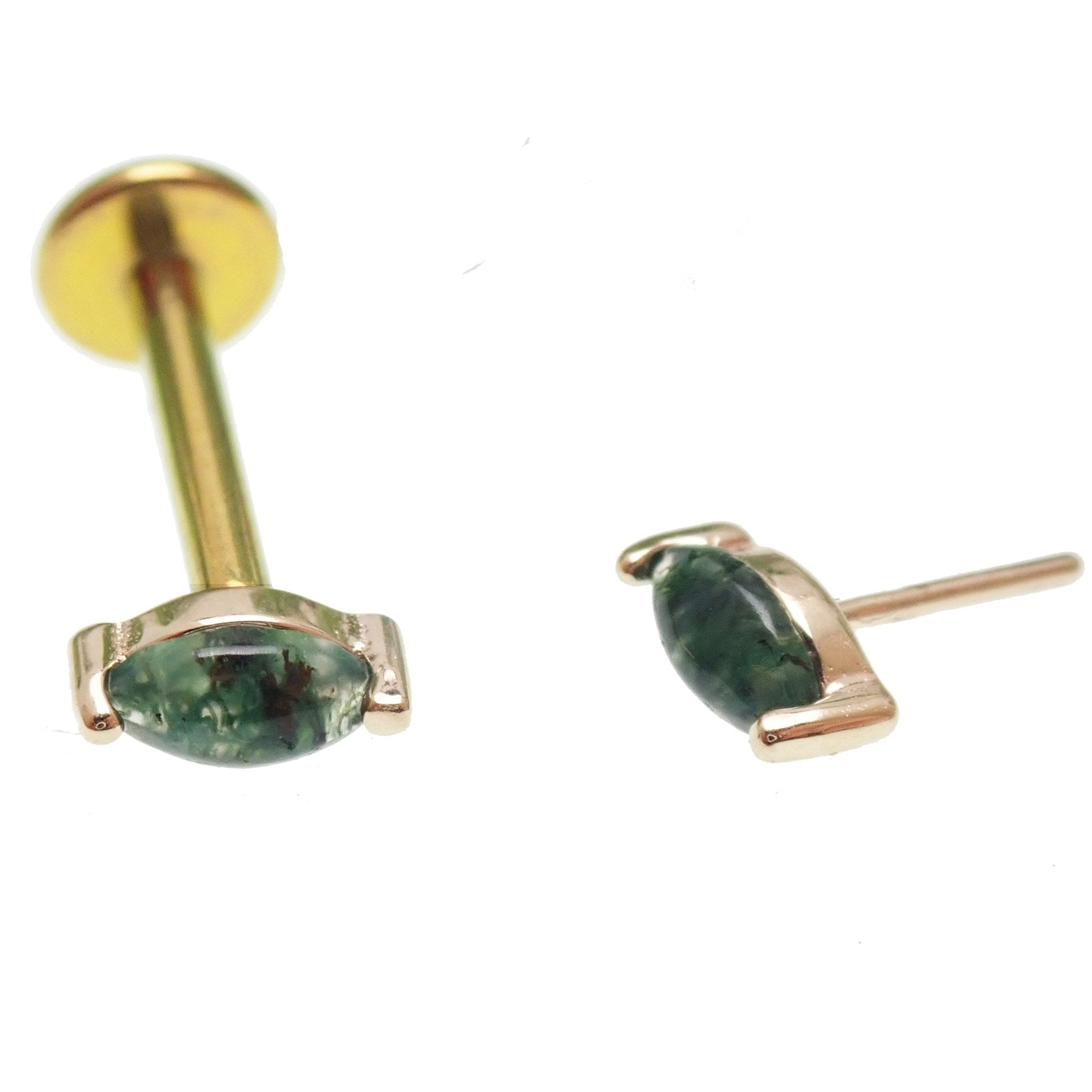 14k gold moss agate and titanium flatback push fit piercing jewelry from Body Clickers, with a smooth gemstone and secure backing.
