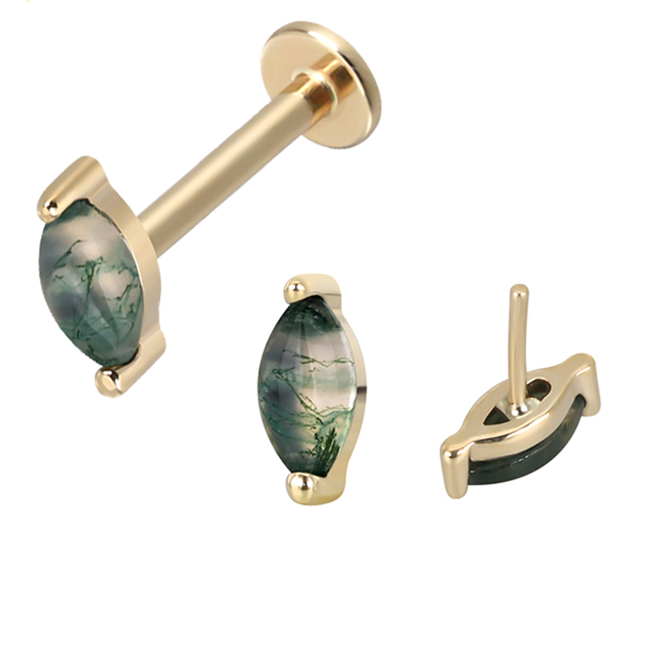 14k moss agate and titanium flatback push fit piercing by Body Clickers showing the gemstone and sleek jewelry design.