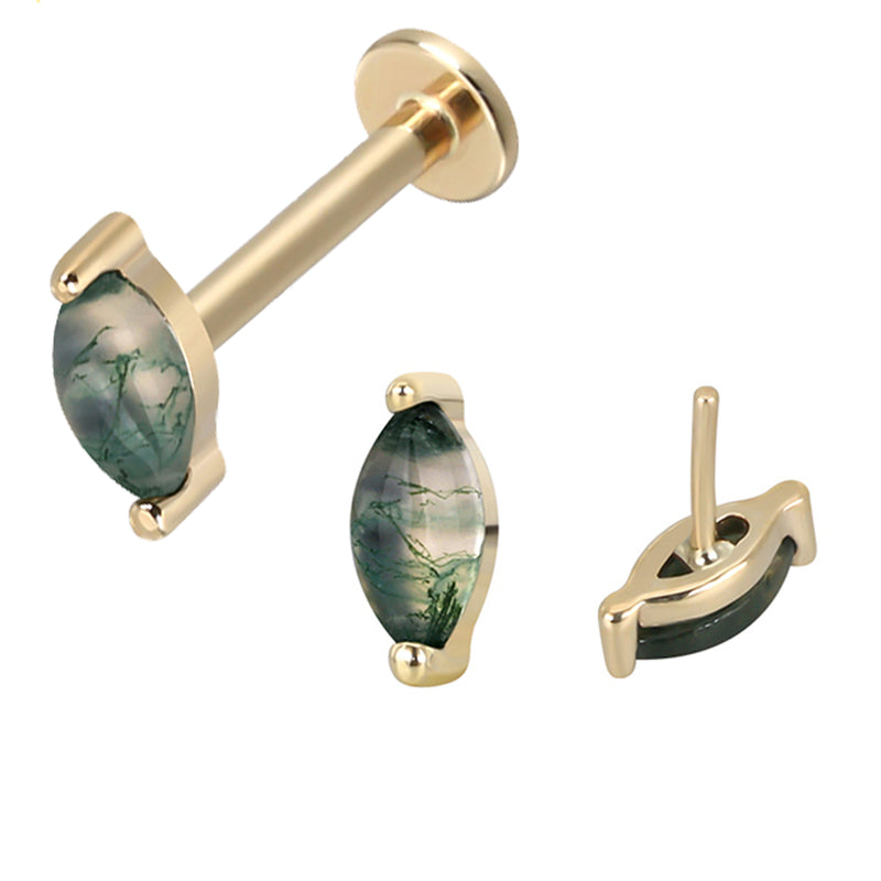 14k moss agate and titanium flatback push fit piercing by Body Clickers showing the gemstone and sleek jewelry design.