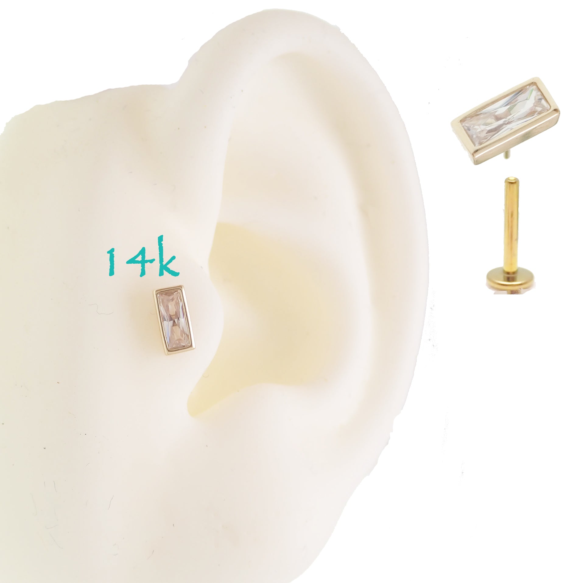 14k gold rectangle titanium flatback push-fit piercing by Body Clickers, showcasing a sleek, modern jewelry design for pierced ears.