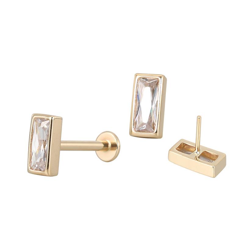 14k gold rectangle titanium flatback push-fit piercing by Body Clickers, featuring a sleek rectangular design and threadless secure fit.