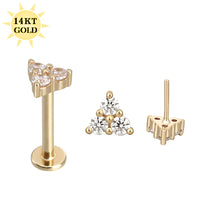 14k gold Trinity titanium flatback push-fit piercing by Body Clickers, featuring a sleek, threadless design for ear or body piercing