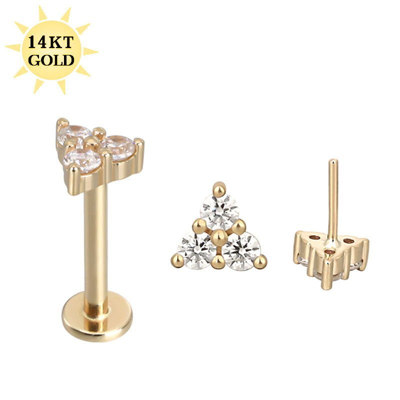14k gold Trinity titanium flatback push-fit piercing by Body Clickers, featuring a sleek, threadless design for ear or body piercing