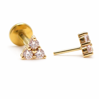 14k gold Trinity titanium flatback push-fit labret piercing with cubic zirconia from Body Clickers.