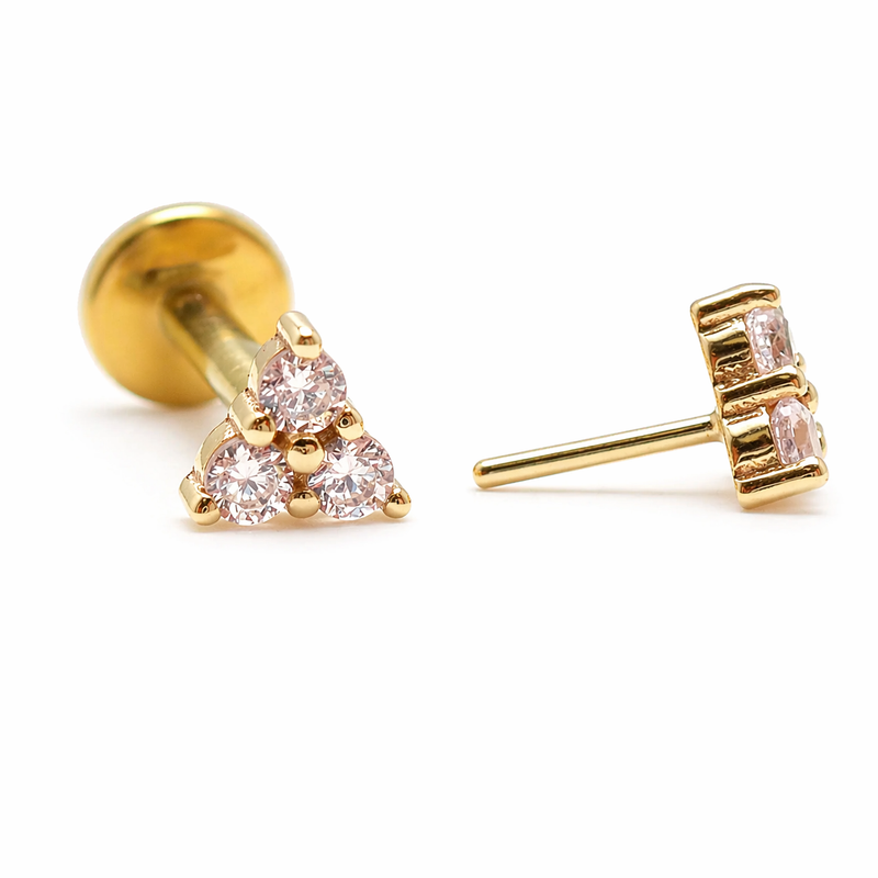 14k gold Trinity titanium flatback push-fit labret piercing with cubic zirconia from Body Clickers.