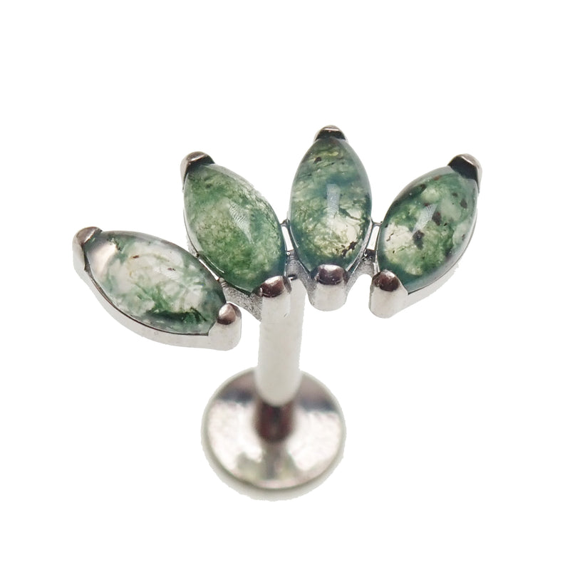 Body Clickers Moss Agate Arch natural stone flatback body jewelry in 14g, 16g, 18g, and 20g sizes.