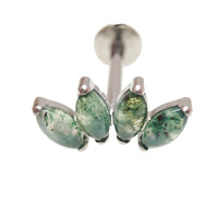 Moss agate arch natural stone body jewelry, flatback threadless design in 14g to 20g sizes by Body Clickers
