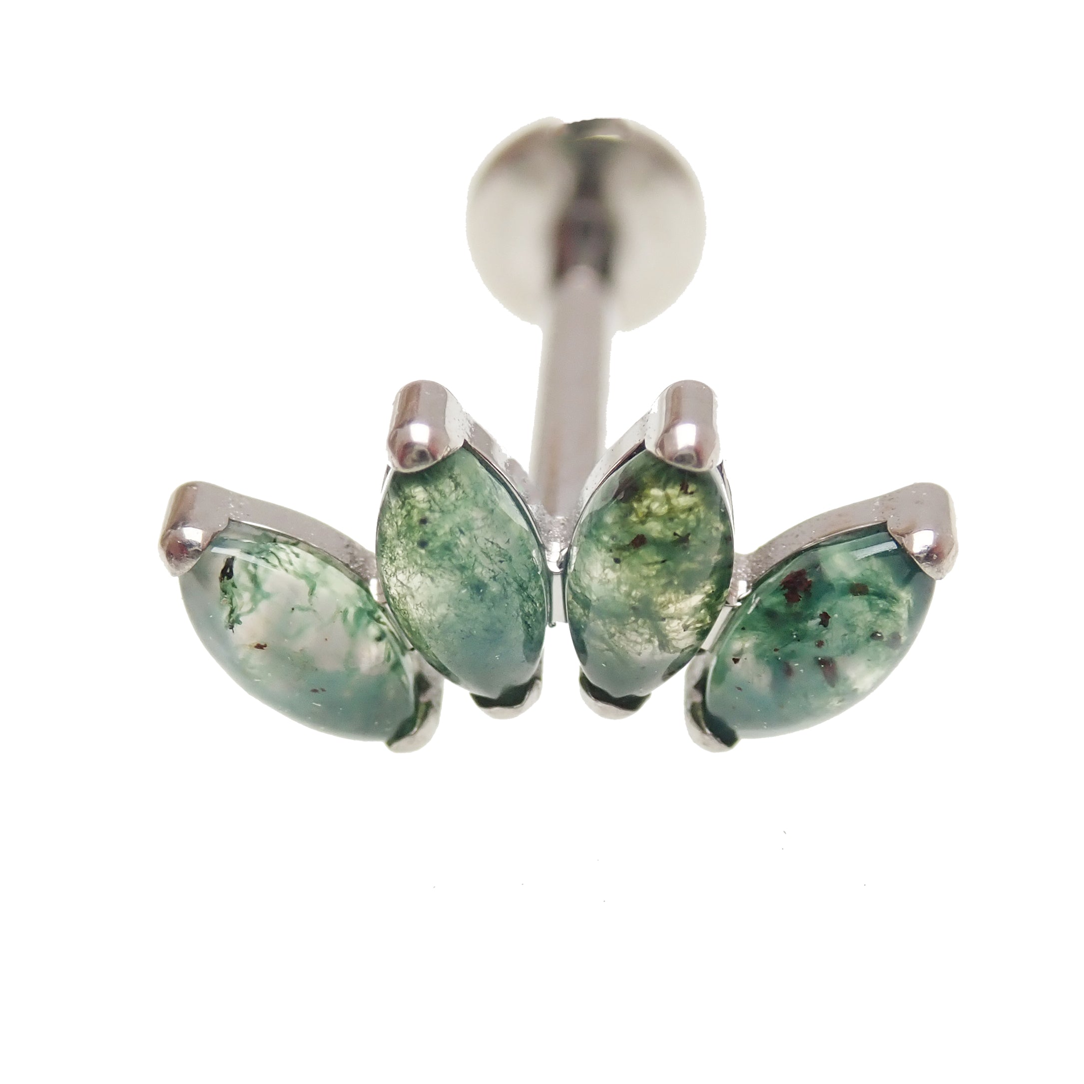 Moss agate arch natural stone body jewelry, flatback threadless design in 14g to 20g sizes by Body Clickers