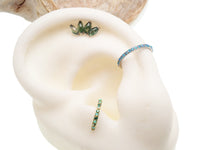 Moss agate arch natural stone body jewelry by Body Clickers, flatback threadless piercing in 14g to 20g sizes.