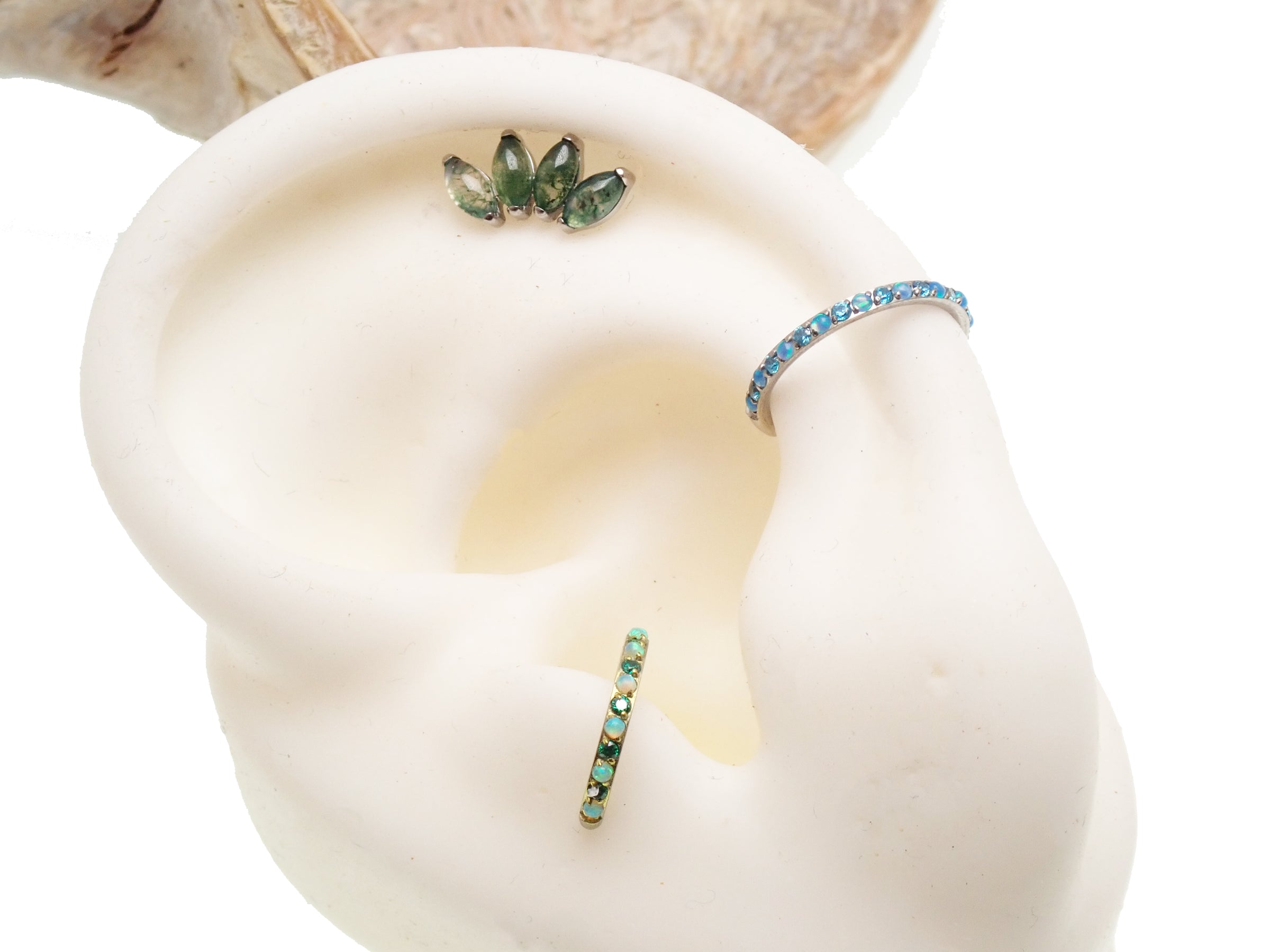 Moss agate arch natural stone body jewelry by Body Clickers, flatback threadless piercing in 14g to 20g sizes.