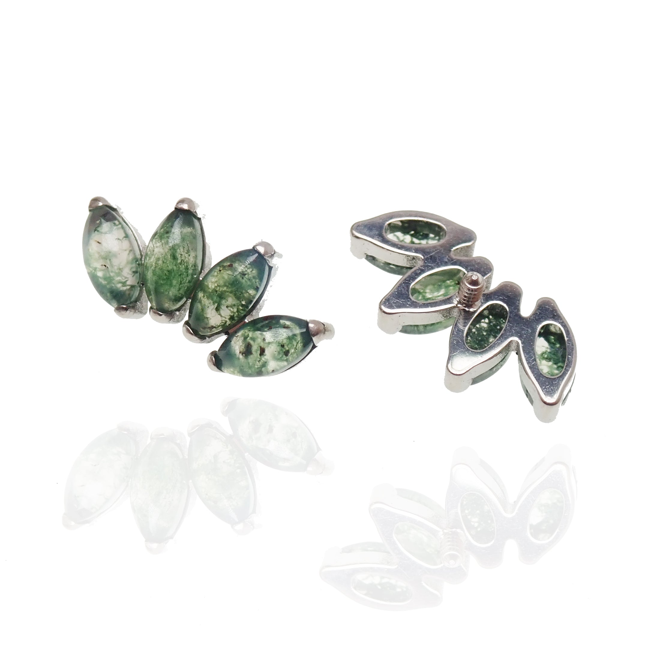 Moss agate arch natural stone body jewelry by Body Clickers in 14g to 20g threadless flatback design.