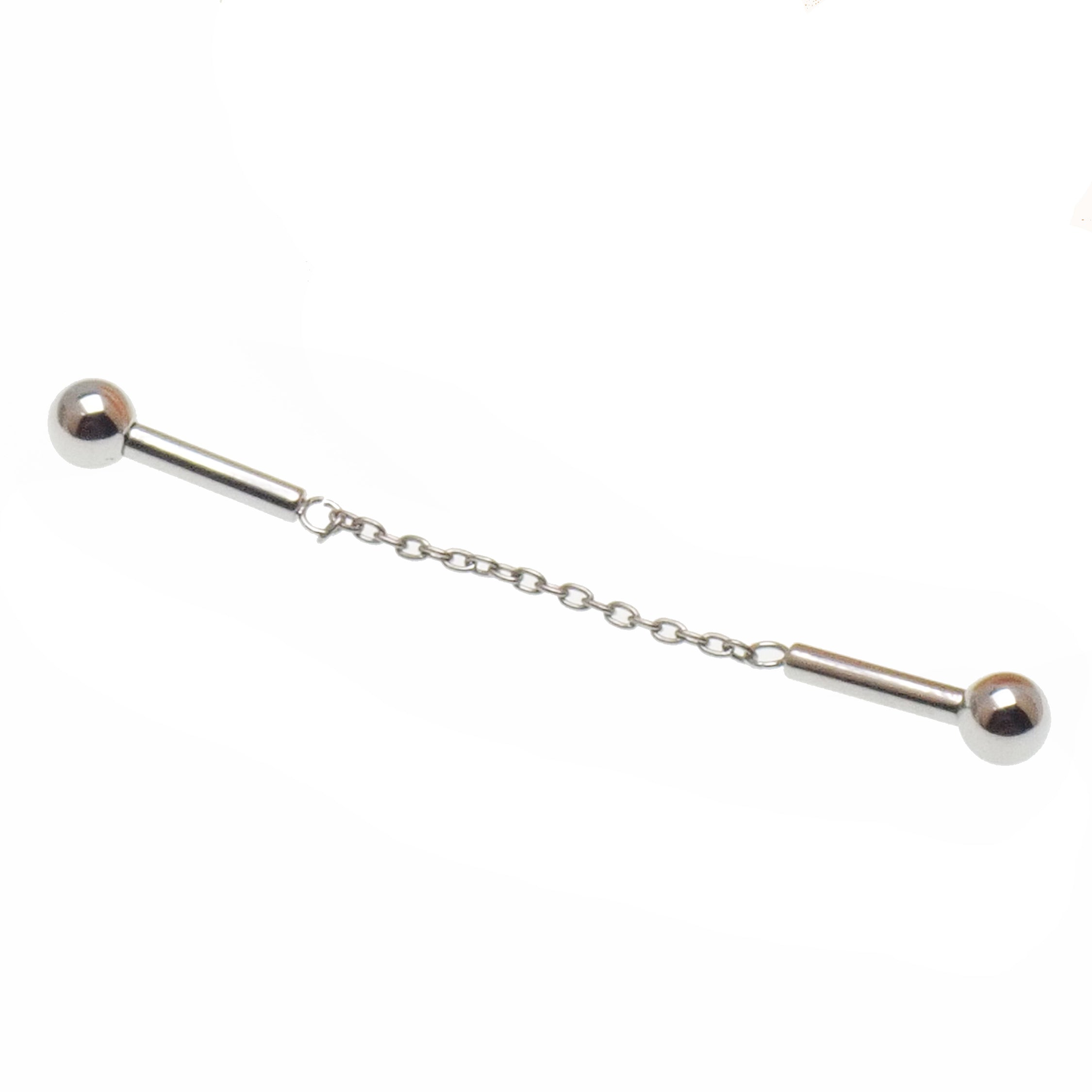 Silver titanium internally threaded chained industrial piercing by Body Clickers, 14g, 35mm or 38mm length.