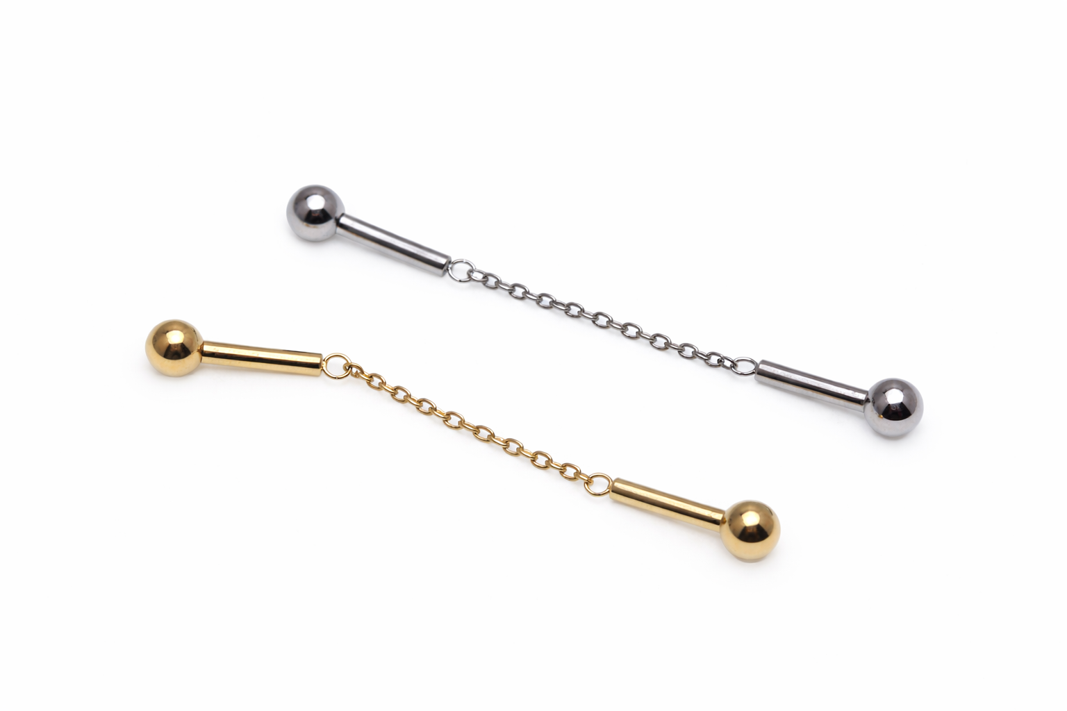 Silver titanium internally threaded chained industrial piercing with 14g gauge and 35mm or 38mm length by Body Clickers
