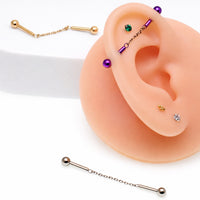 Silver titanium internally threaded chained industrial piercing by Body Clickers, 14g, 35mm or 38mm length, jewelry for ear piercings.