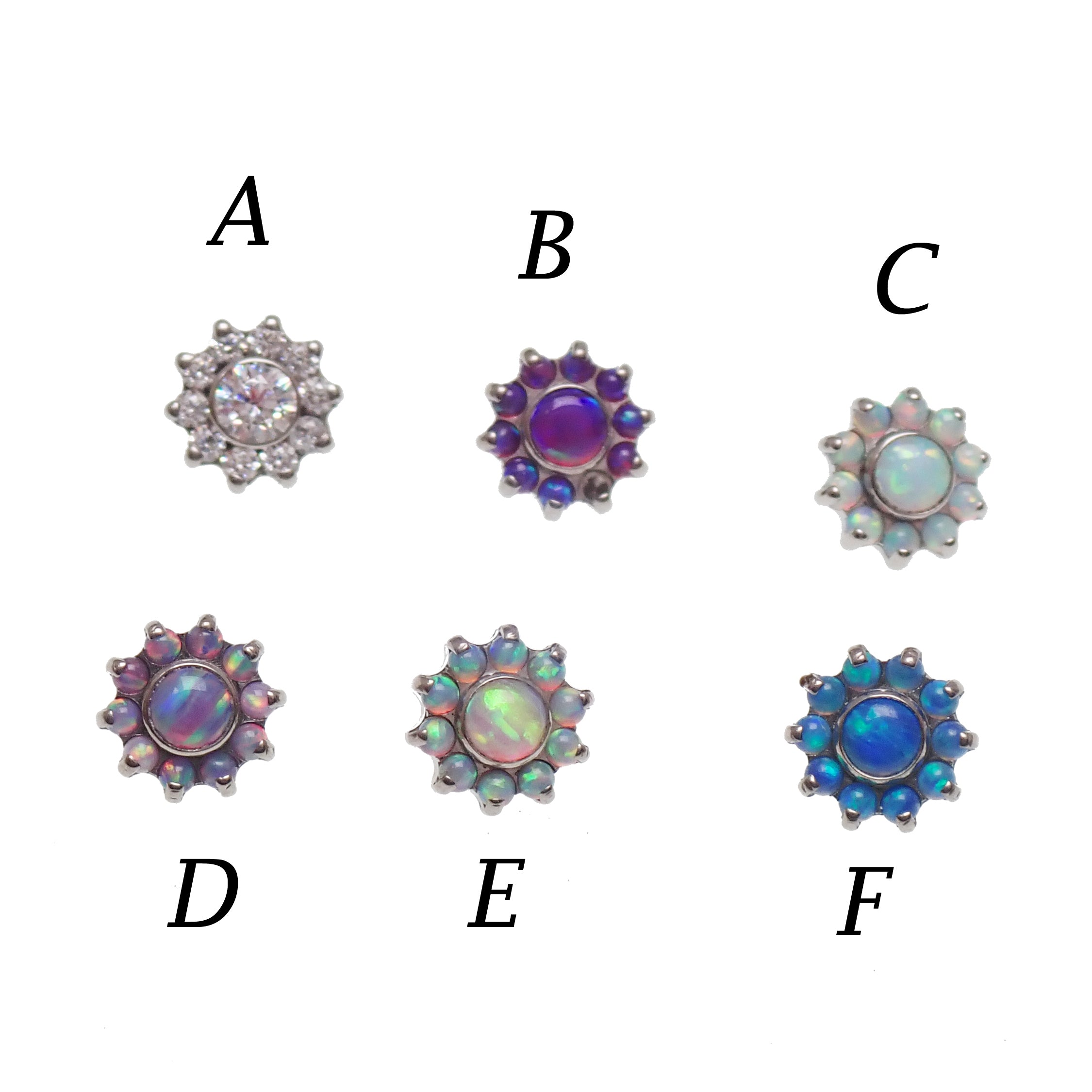 Clear CZ Daisy Flower dermal implant top by Body Clickers, titanium, internally threaded, 14g, 1.2mm thread for body piercing.