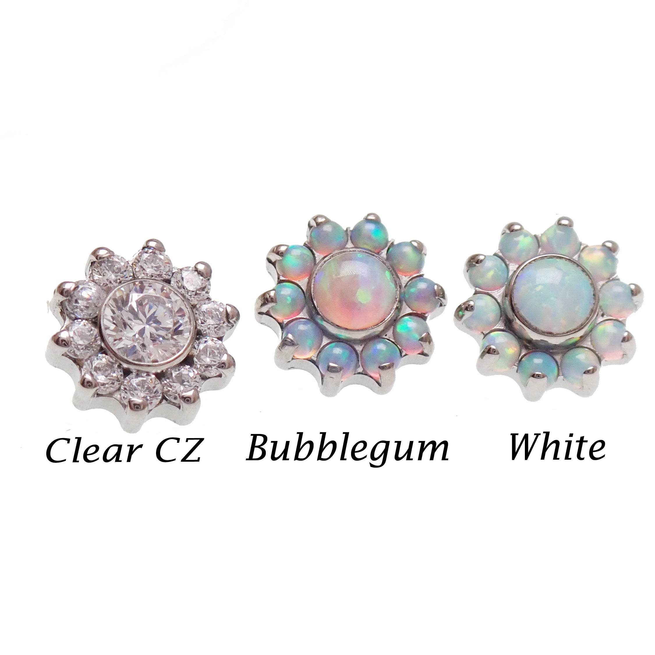 Body Clickers daisy flower dermal implant with titanium, internally threaded top, 14g gauge and 1.2mm thread for body jewelry.