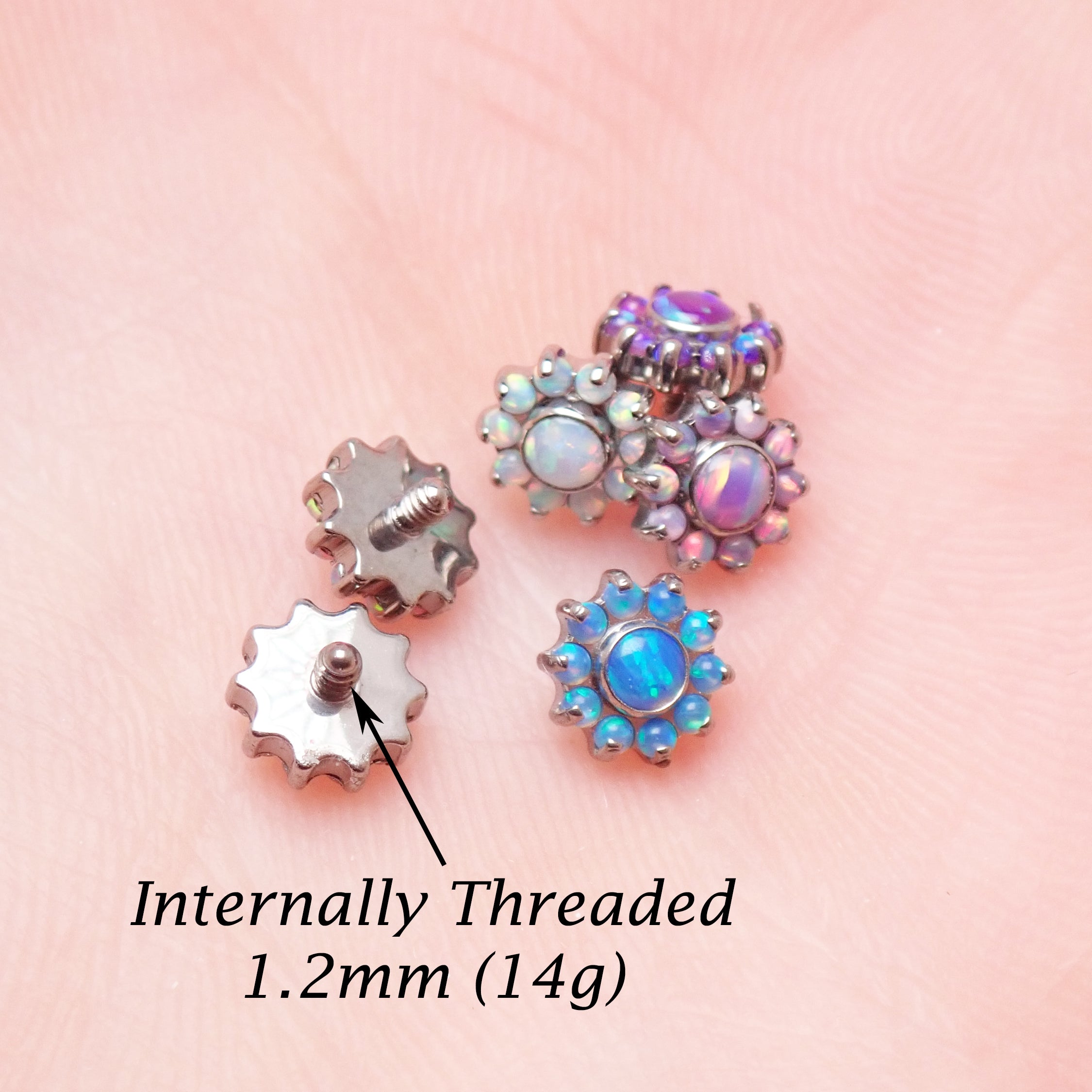 Clear CZ daisy flower dermal implant by Body Clickers, titanium, internally threaded tops, 14g, 1.2mm thread, visible flower design