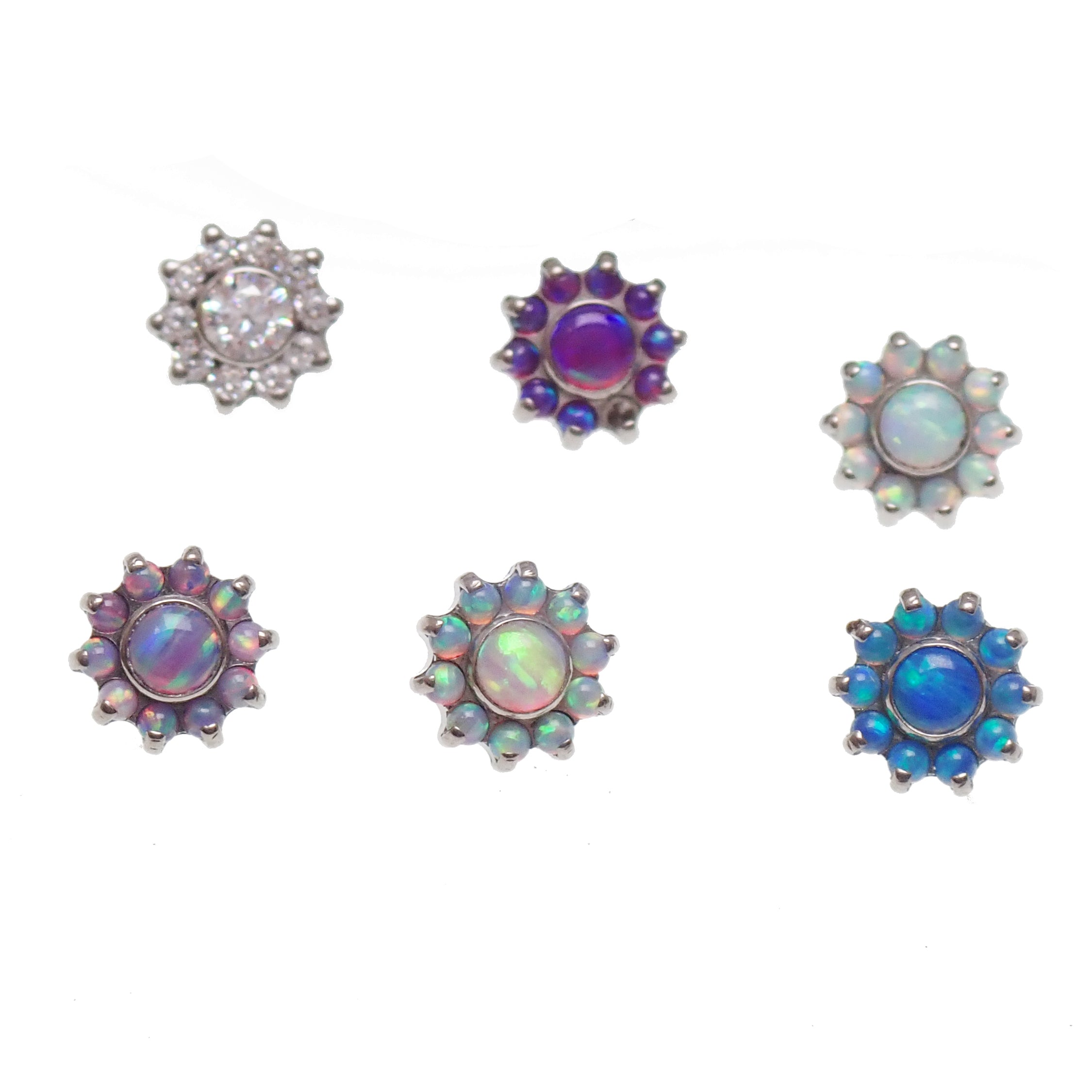 Clear CZ Daisy Flower Dermal Implant by Body Clickers, titanium internally threaded top, 14g, 1.2mm thread for body jewelry.