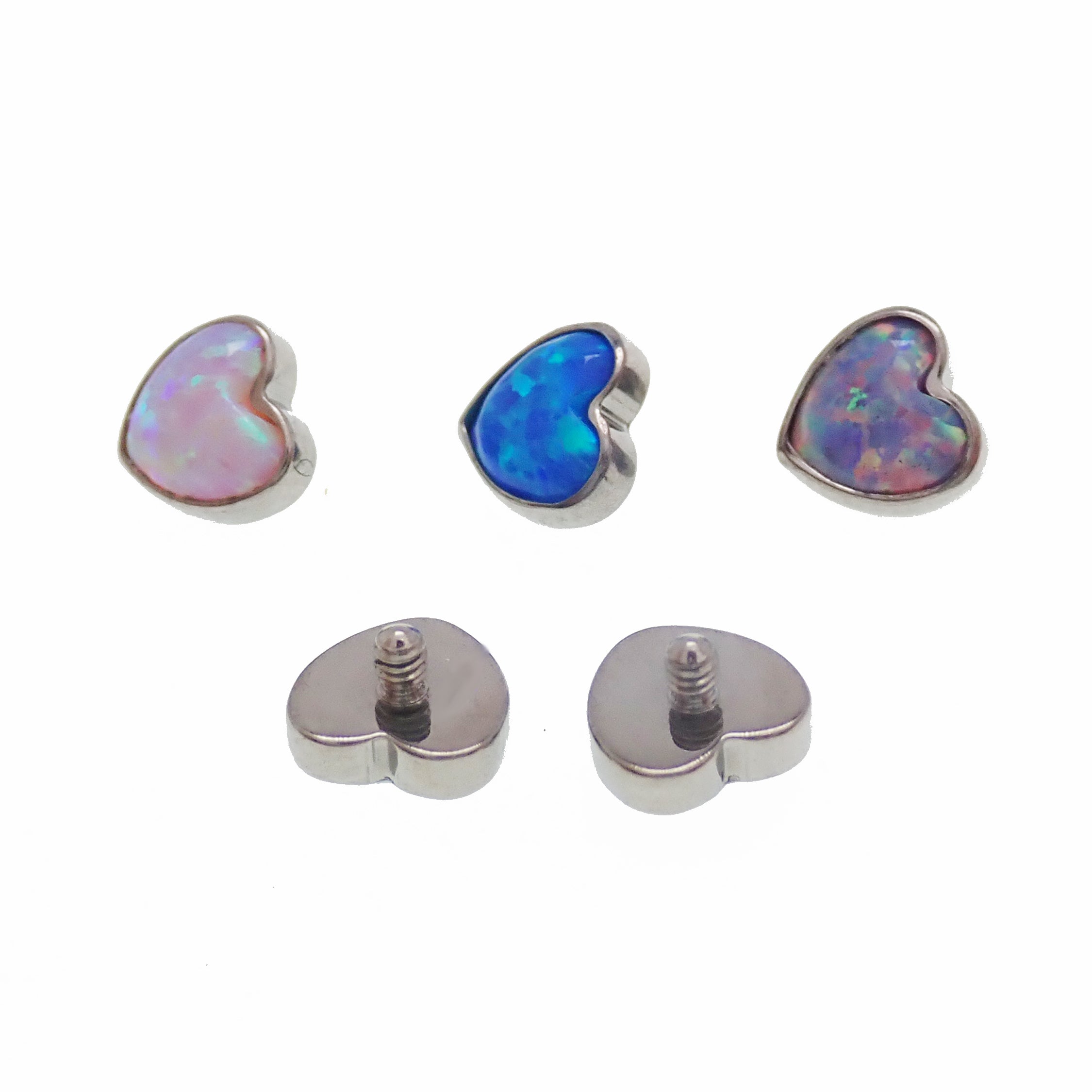 Body Clickers angel skin opal heart dermal top in 14g (1.2mm) with a 14-gauge thread, featuring a polished opal heart design.