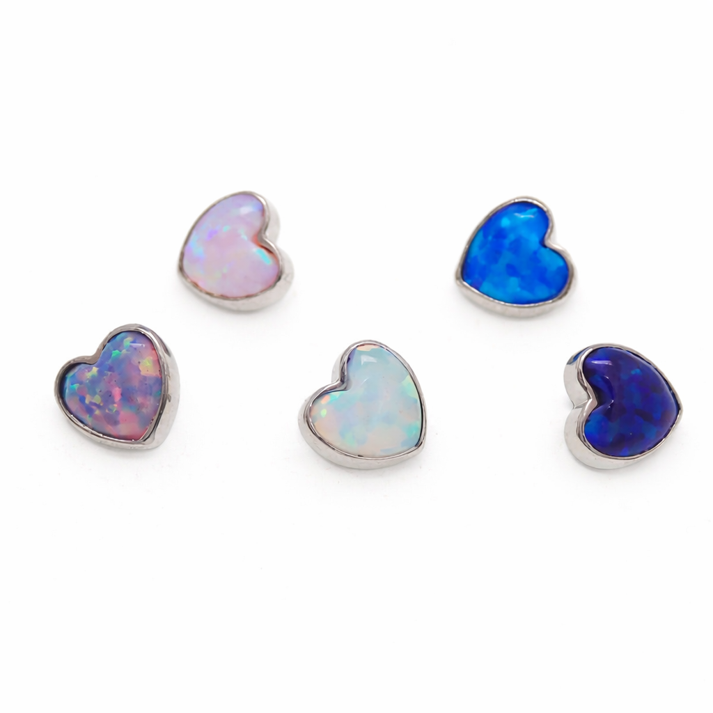 Body Clickers angel skin opal heart dermal top in 14g (1.2mm) thread, featuring a polished opal heart design for body jewelry.